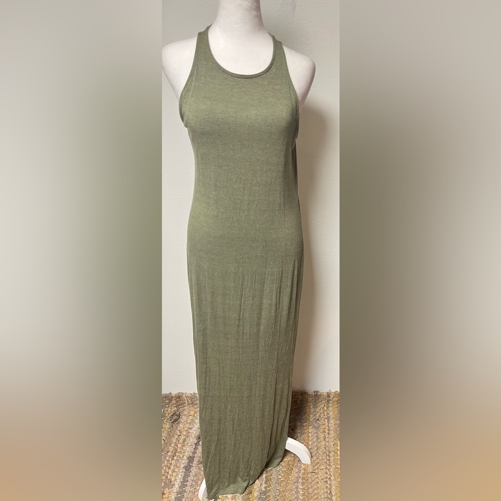 Olive Green Maxi Bodycon Dress With Side Slit Summer Boho Minimalist 
Sz Medium